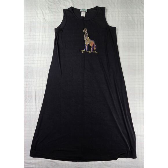 Vintage Coconut Bay Slinky Black Midi Dress Painted Giraffe Made In USA 1X - Picture 2 of 9